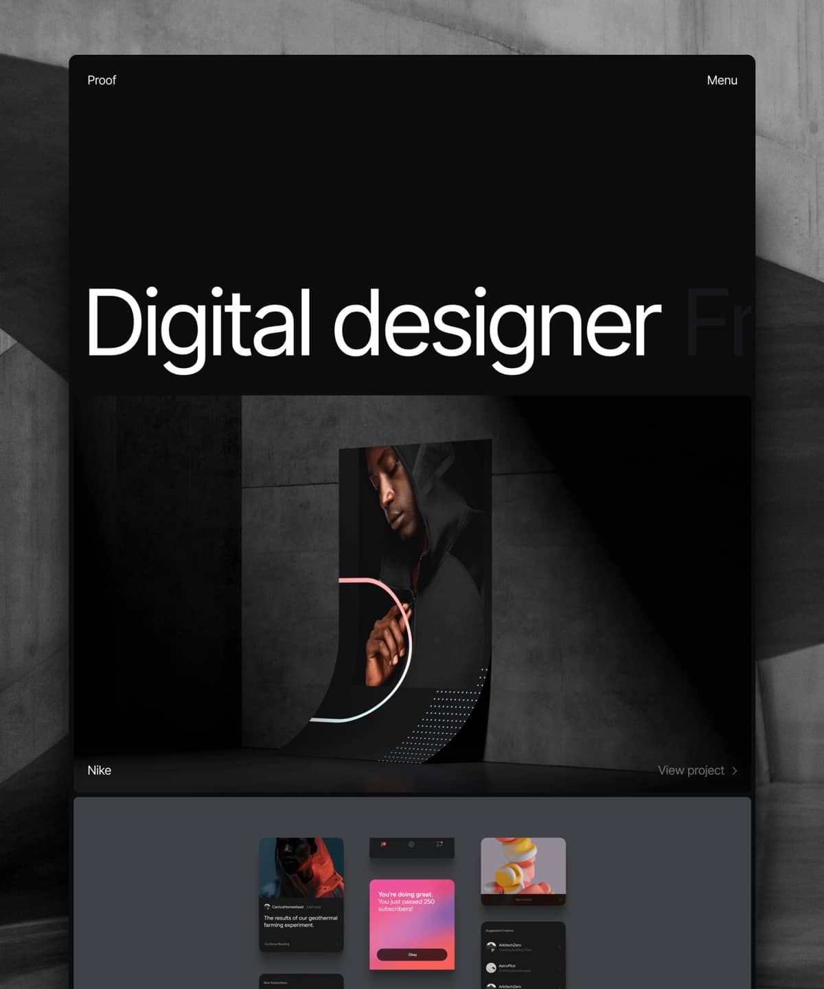 This Framer portfolio site template features a dark color palette